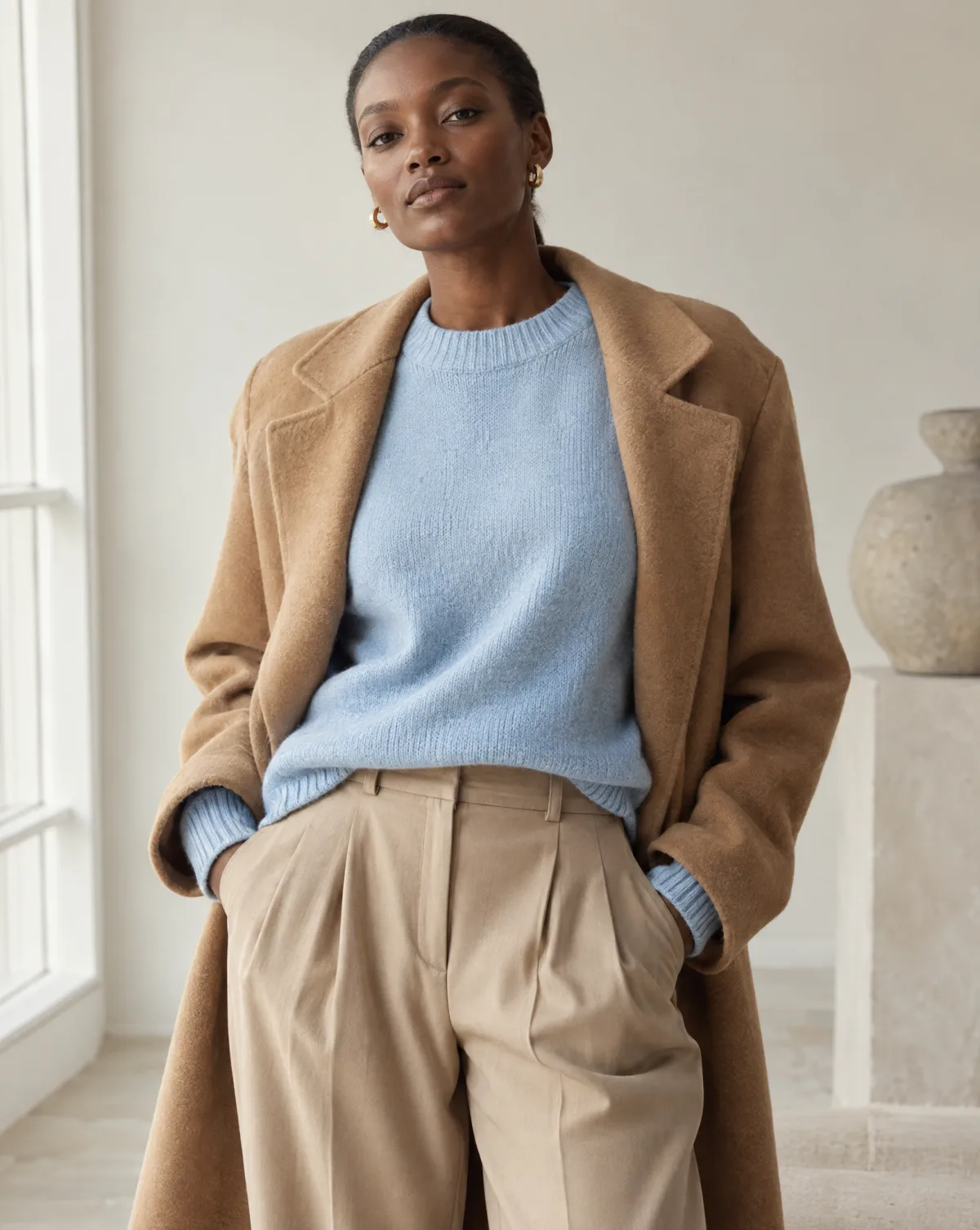 Hellblauer Strickpullover zu einem Mantel in Camel und Hose in Sand