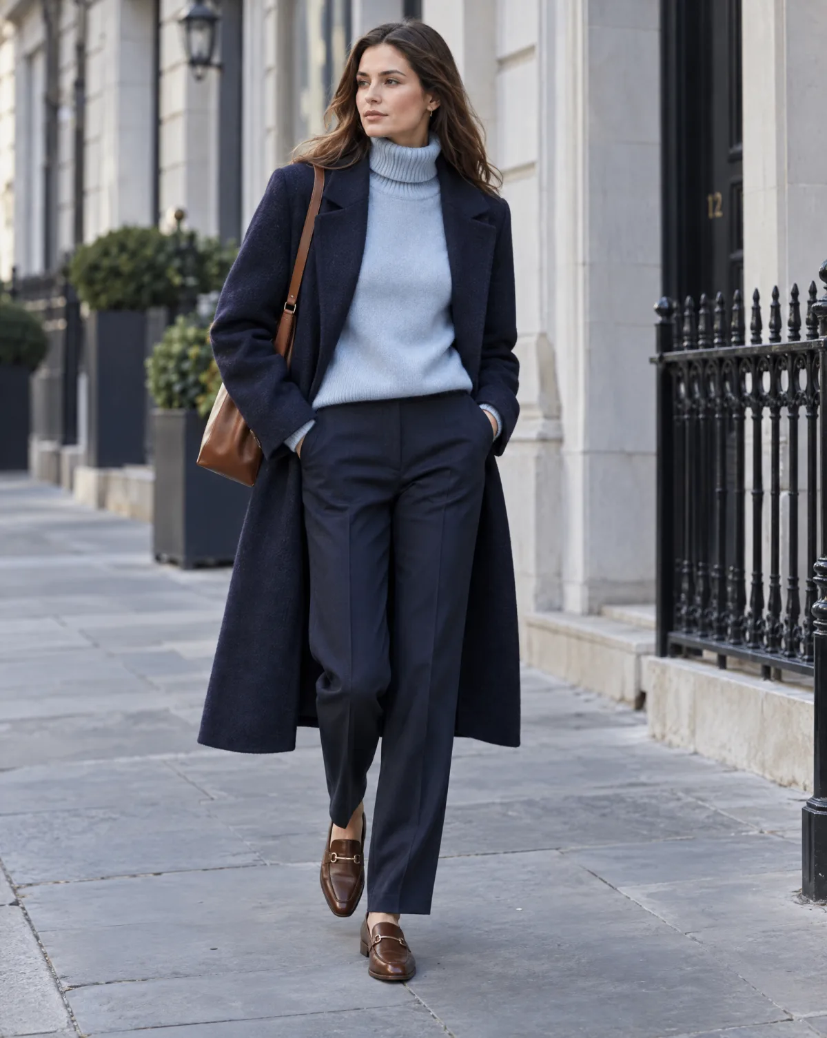 Hellblauer Pullover unter einem marineblauen Mantel, dazu eine Stoffhose in Navy