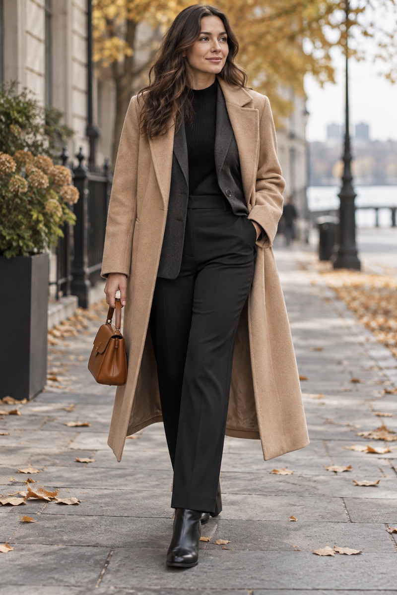 Schwarzer Feinstrick, darüber ein grauer Blazer und ein offener, langer Mantel in Camel, der deutlich unter dem Blazer endet