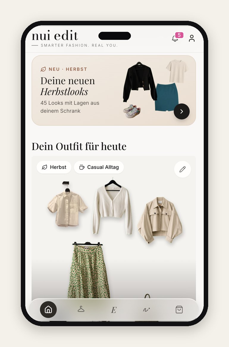 Startseite der nui App mit der Karte „Deine neuen Herbstlooks“, 45 Looks mit Lagen aus dem eigenen Schrank, darunter das Outfit für heute