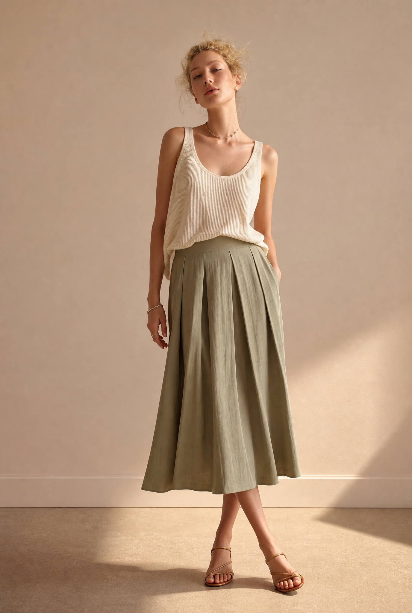 Frau in cremefarbenem Ripp-Tanktop mit salbeigrünem High-Waist-Faltenrock und Sandalen, editorial