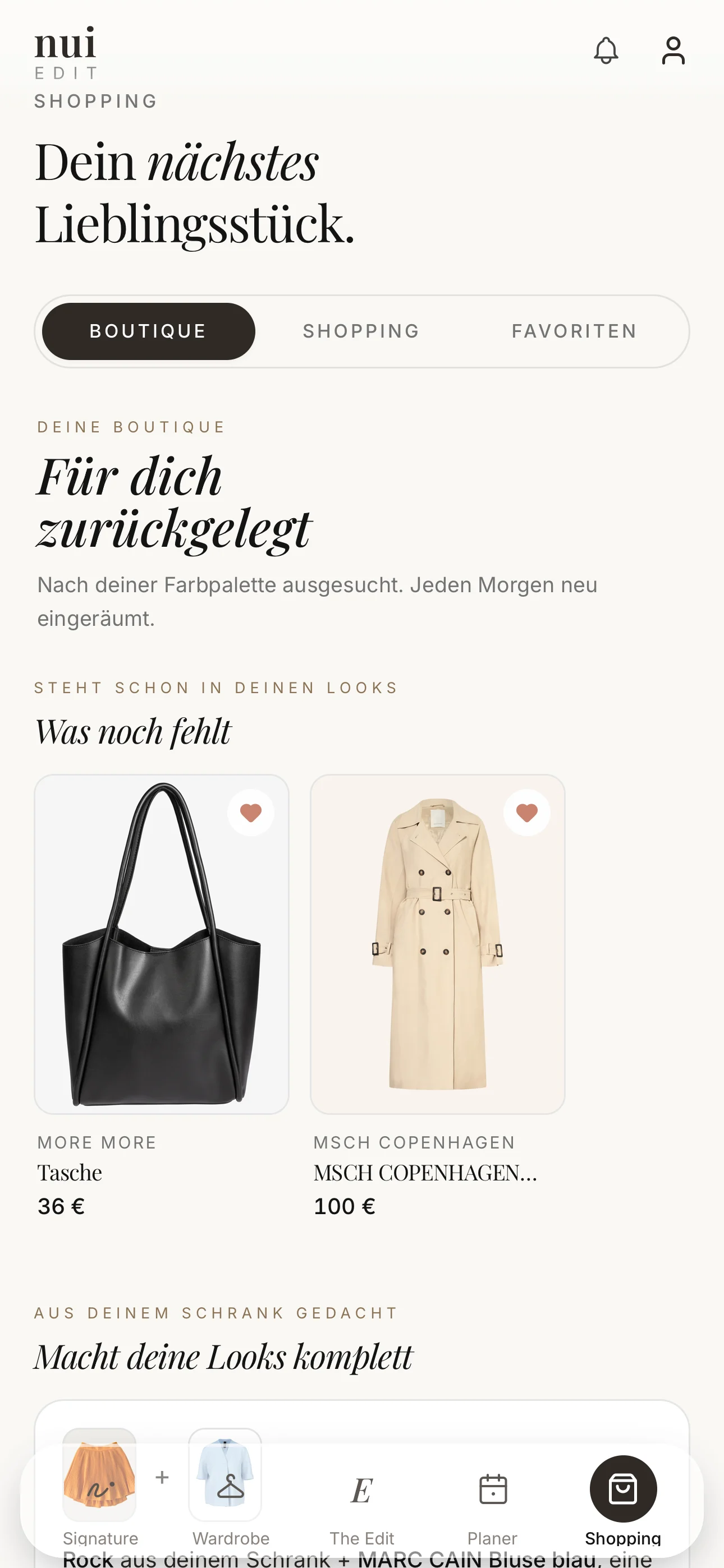 Die Boutique in nui edit mit zurueckgelegten Stuecken in der eigenen Farbpalette
