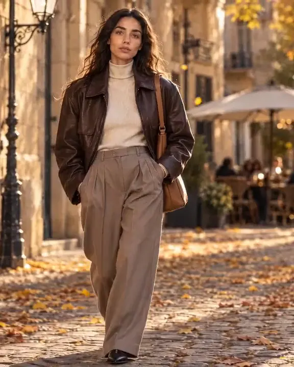 Eine Frau geht durch eine herbstliche Altstadt, nach jedem Passanten in einem anderen Stil